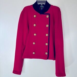 Lauren Ralph Lauren red & black sweater jacket with 10 gold buttons, size L